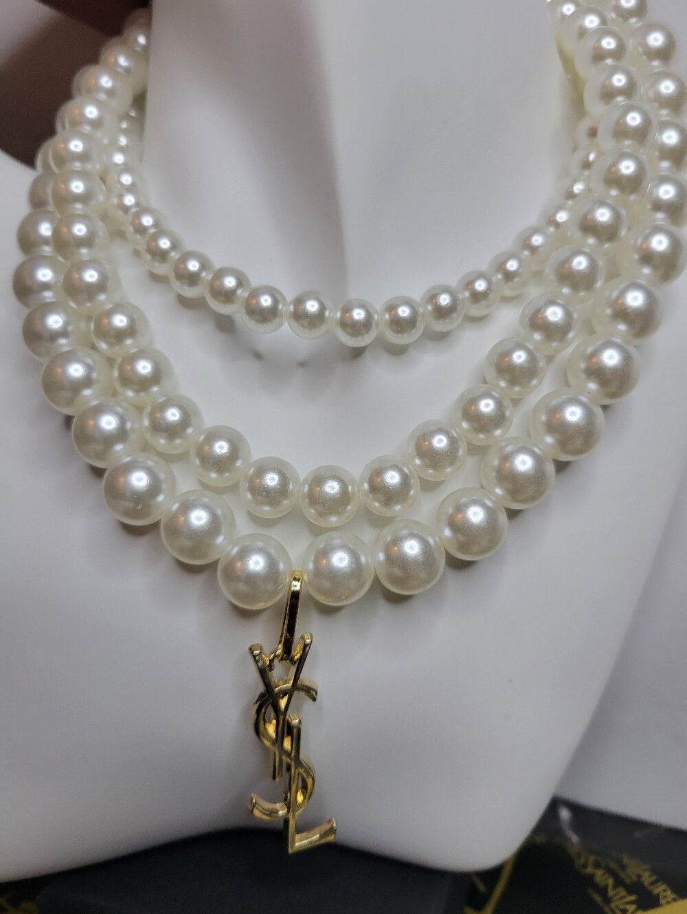 3 Strand Faux Pearl Necklace, 1.5" Gold YSL Zipper Pull - Picture 2 of 4